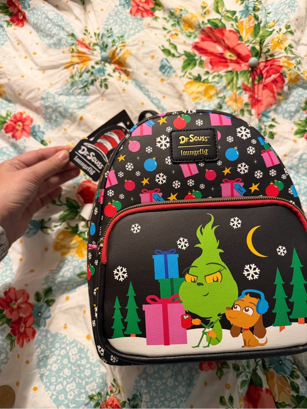 Loungefly Black Dr. Seuss Grinch Mini Backpack with Bright Holiday Accents